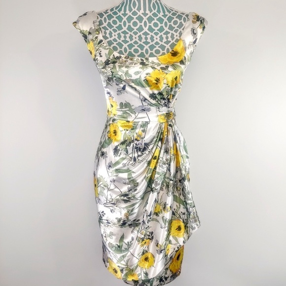 MAGGY LONDON Lined Silky Floral Gathered Faux Wrap Dress 4 - Picture 2 of 12